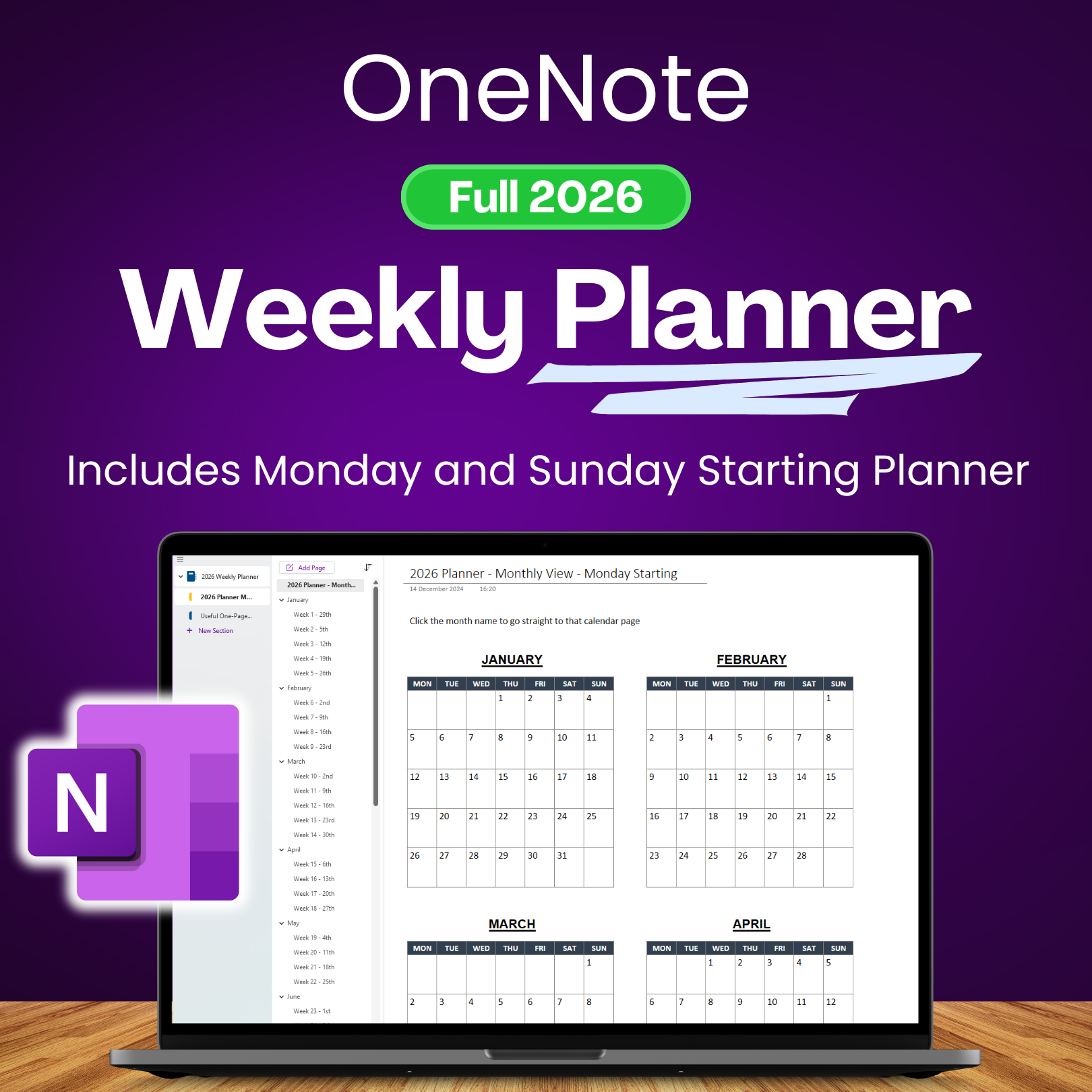 OneNote 2026 Weekly Planner
